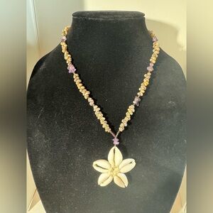 Seashell and Amethyst Chip Necklace with beautiful flower pendant out of shells.